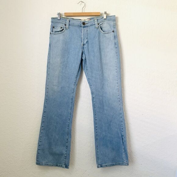 Levis 513 Slouch Boot Cut Jeans Women 13 Light Wash Blue Denim Button Y2K 35x31 - Picture 1 of 10
